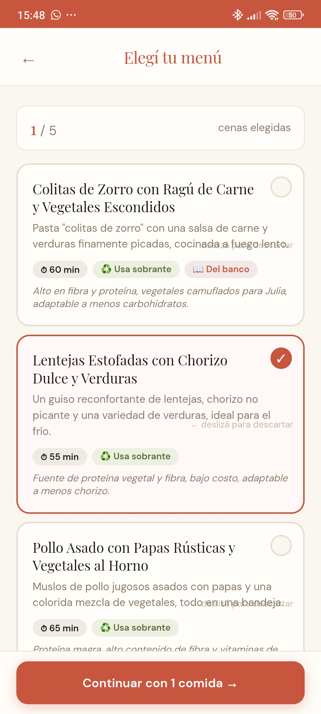 Detalle de receta con ingredientes e instrucciones