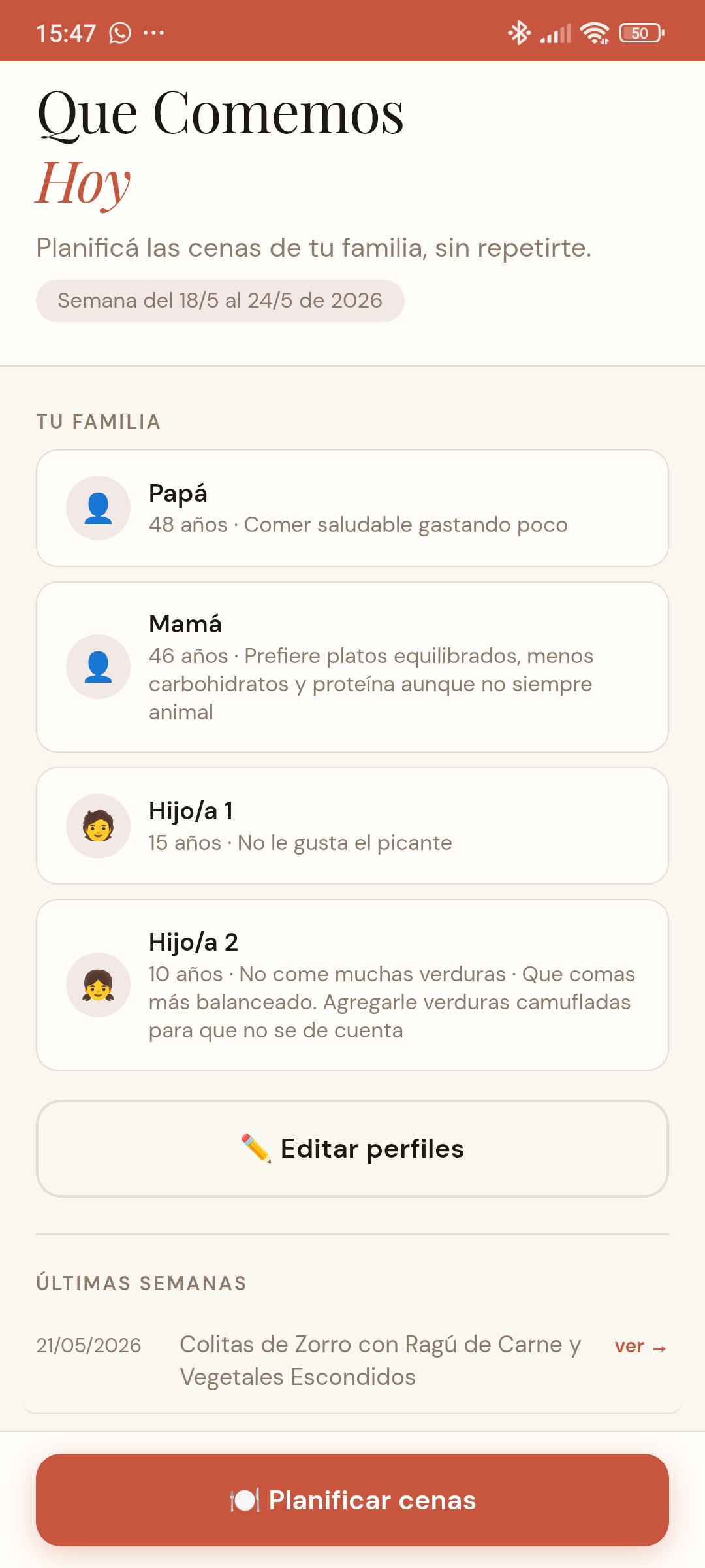 Pantalla principal con perfiles de familia