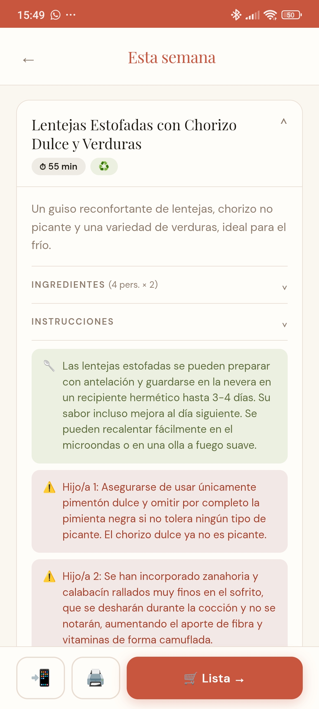 Sugerencias de cenas con swipe